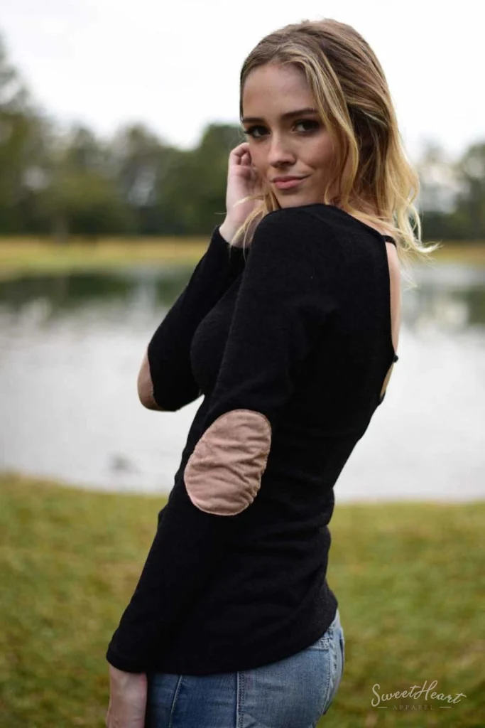 Wear We Meet - Solid Elbow Patch Top in Black - Image 3