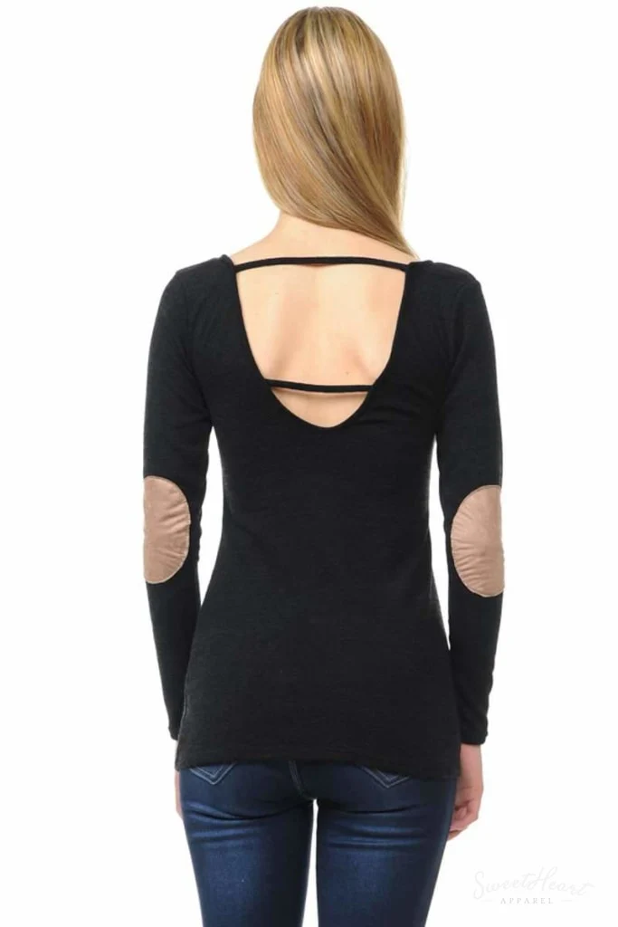 Wear We Meet - Solid Elbow Patch Top in Black - Image 4