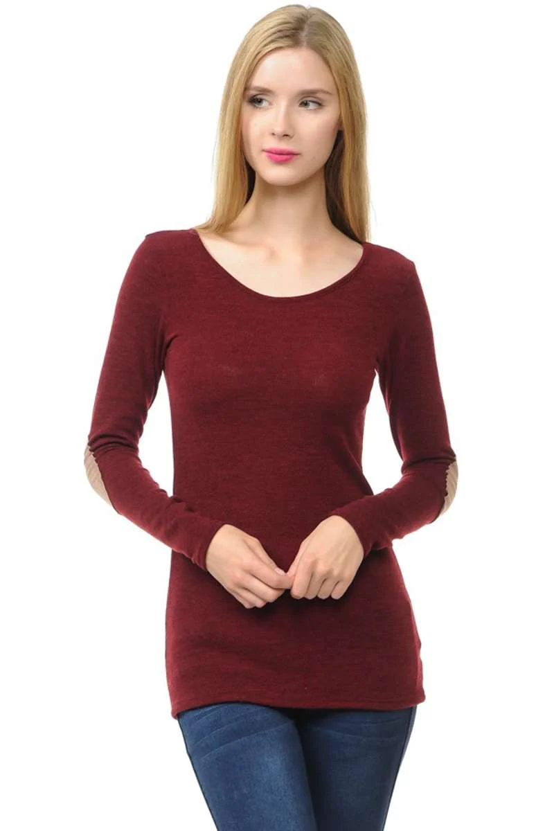 Wear We Meet - Solid Elbow Patch Top in Burgundy - Image 3