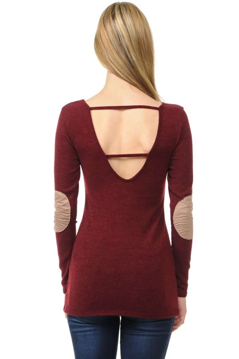 Wear We Meet - Solid Elbow Patch Top in Burgundy - Image 4